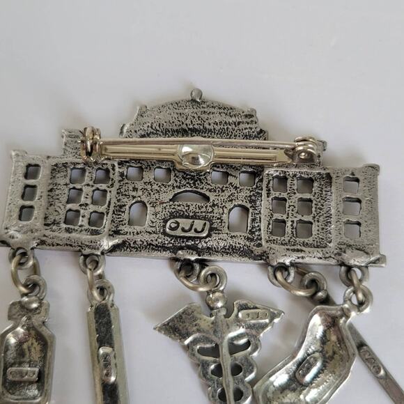 Vintage 80s Jonette Jewelry Hospital Nurse Brooch Lapel Pin Pewter Silver Charms - Picture 4 of 7